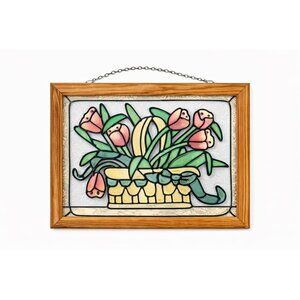 Stained Glass Floral Window Panel Multicolor with Wooden Frame  Hanging Chain